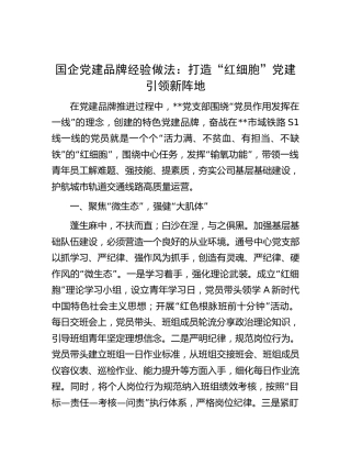 国企党建品牌经验做法：打造“红细胞”党建引领新阵地（公司）