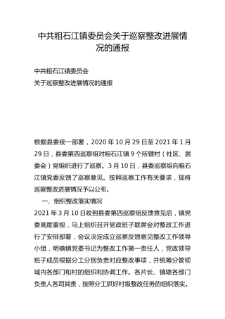 粗石江镇委员会关于巡察整改进展情况的通报