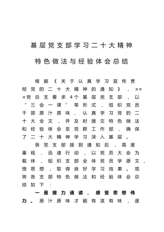 党支部学习二十大精神特色做法与经验体会总结（简单版）
