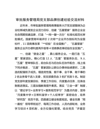 党支部品牌创建经验交流材料（行政审批）