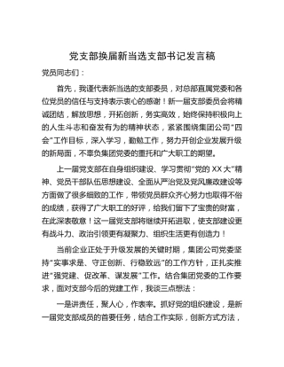 党支部换届新当选支部书记发言1200字