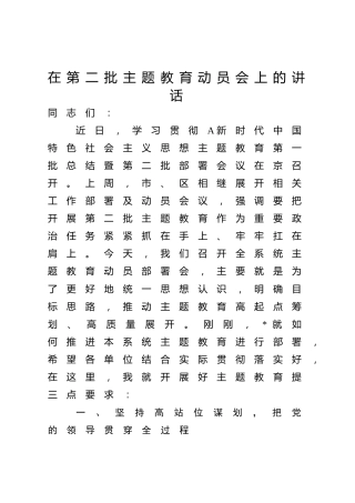 在第二批主题教育动员会上的讲话（医院2000字）