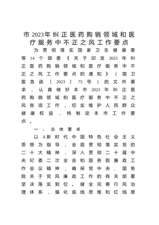 市2023年纠正医药购销领域和医疗服务中不正之风工作要点