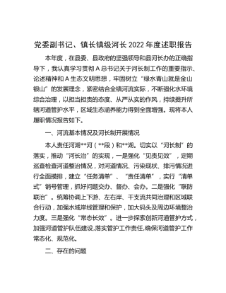 党委副书记、镇长镇级河长2022年度述职报告