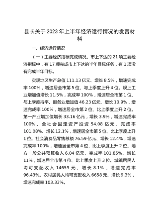 县长2023年上半年经济运行情况的发言
