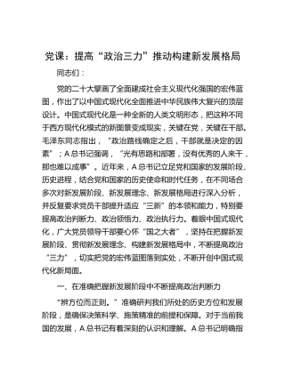 党课：提高“政治三力”    推动构建新发展格局