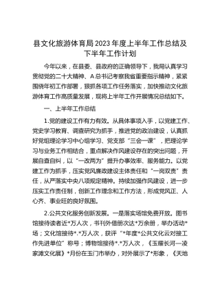 县文旅局2023年度上半年工作总结及下半年工作计划