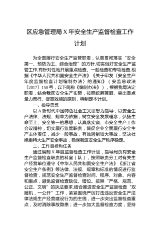 区应急管理局安全生产监督检查工作计划(1)