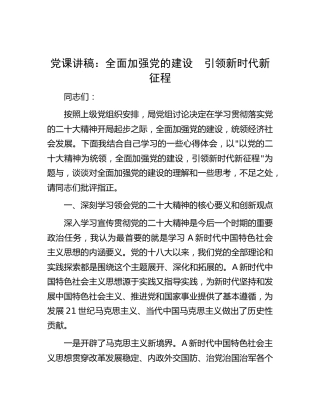 党课：全面加强党的建设　引领新时代新征程