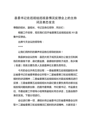 县委书记在巡视组巡视情况反馈会上的主持词及表态发言3600字（巡察）