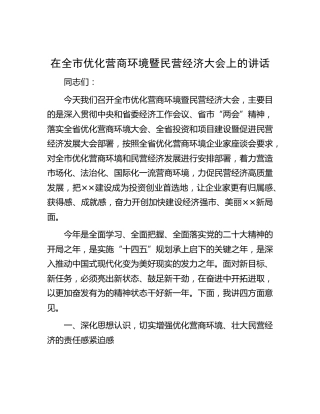 在全市优化营商环境暨民营经济大会上的讲话