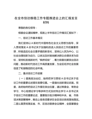 在全市信访维稳工作专题推进会上的汇报发言