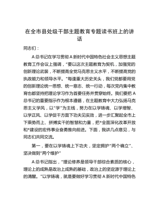 在全市县处级干部主题教育专题读书班上的讲话3900字