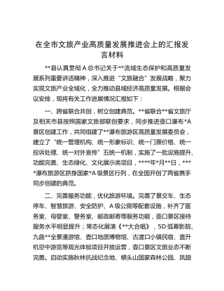 在全市文旅产业高质量发展推进会上的汇报发言