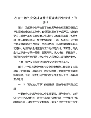 在全市燃气安全排查整治暨重点行业领域上的讲话
