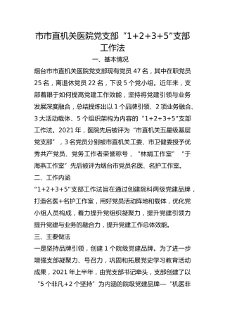 市市直机关医院党支部“1+2+3+5”支部工作法