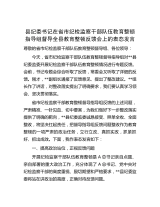 县纪委书记在省市纪检监察干部队伍教育整顿指导组督导反馈会上的表态发言3500字