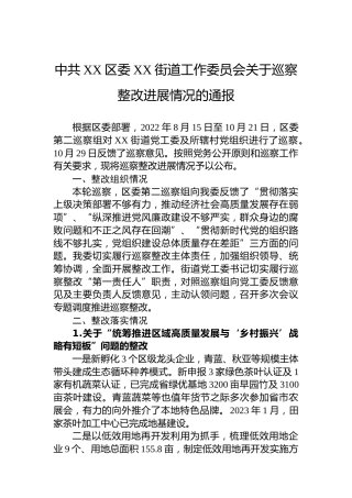区委XX街道工作委员会关于巡察整改进展情况的通报(20230422)
