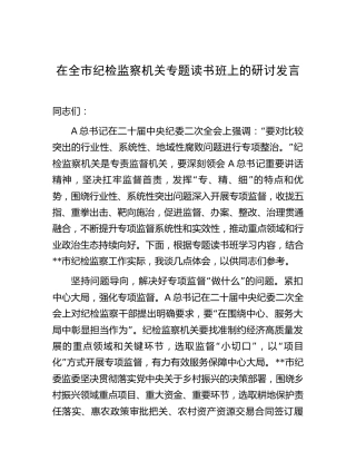 在全市纪检监察机关专题读书班上的研讨发言
