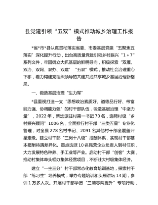 县党建引领“五双”模式推动城乡治理工作报告