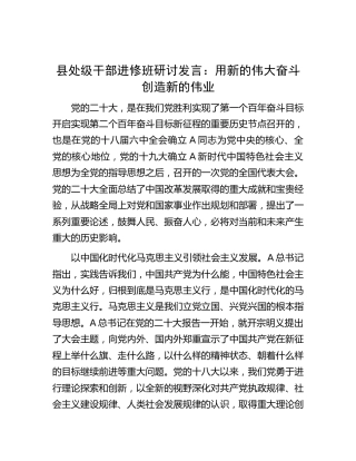 县处级干部进修班研讨发言：用新的伟大奋斗创造新的伟业（二十大专题）