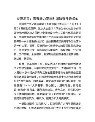 团十九大研讨发言：青春聚力正当时 团结奋斗践初心