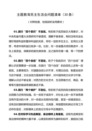 主题教育民主生活会问题清单（30条）（对照检查、检视剖析实用素材）