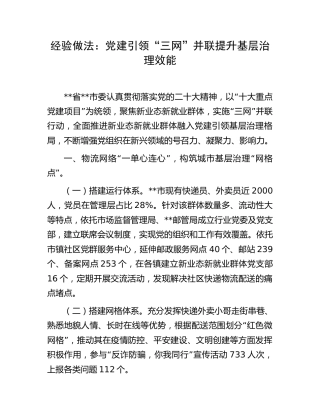 经验做法：党建引领“三网”并联提升基层治理效能