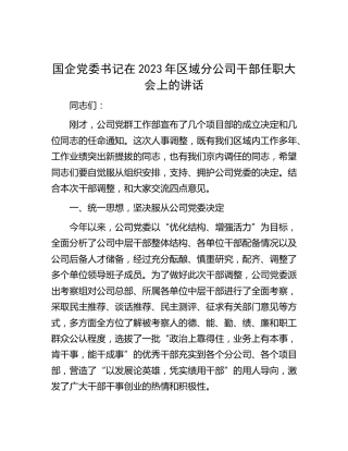 国企书记在2023年区域分公司干部任职大会上的讲话