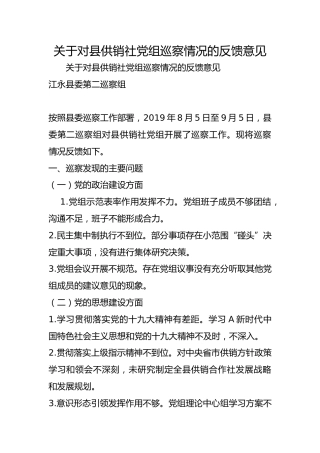 关于对县供销社巡察情况的反馈意见