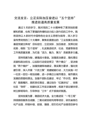 二十大交流发言：立足实际 加压奋进 以“五个坚持”推进街道高质量发展