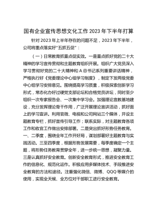 国企公司宣传思想文化工作2023年下半年工作计划