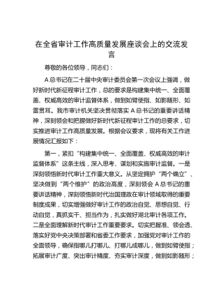 在全省审计工作高质量发展座谈会上的汇报交流发言