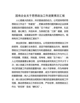国企公司思想政治工作进展情况汇报