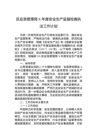 区应急管理局安全生产监督检查执法工作计划