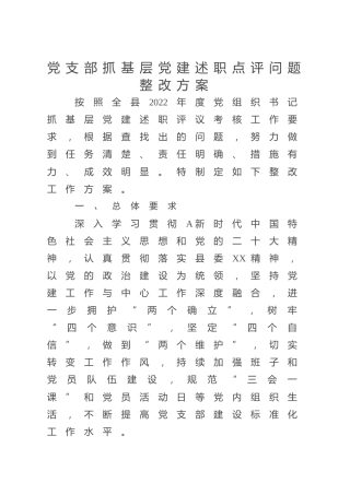 党支部抓基层党建述职点评问题整改方案2300字