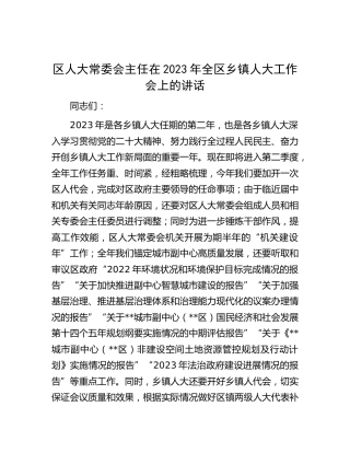 区人大主任在2023年全区乡镇人大工作会上的讲话