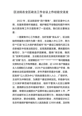区法院在全区政法工作会议上的经验总结交流发言