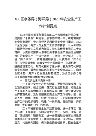 区水务局（海洋局）2023年安全生产工作计划要点
