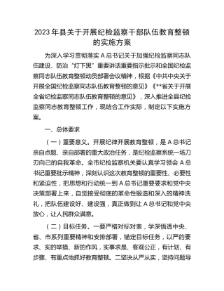 2023年县开展纪检监察干部队伍教育整顿实施方案