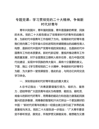 党课：学习贯彻二十大精神，争做新时代好青年