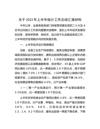 2023年上半年统计工作总结汇报材料