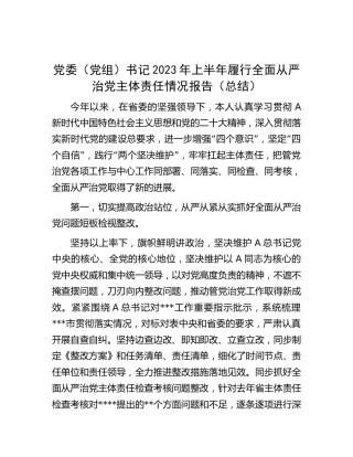 书记2023年上半年履行全面从严治党主体责任情况报告（3300字总结）