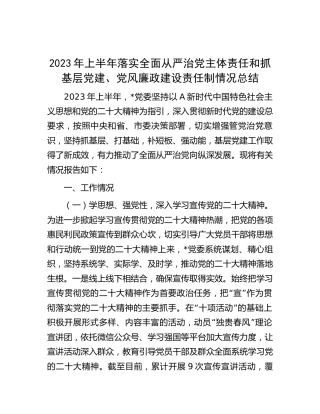 2023年上半年落实全面从严治党主体责任和抓基层党建、党风廉政建设责任制情况总结（税务5000字）