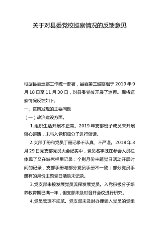 关于对县委党校巡察情况的反馈意见