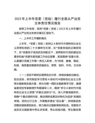 2023年上半年党委（党组）履行全面从严治党主体责任情况总结报告