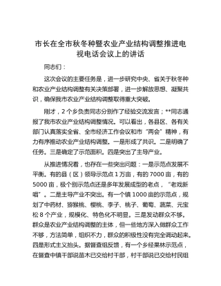 市长在全市秋冬种暨农业产业结构调整推进电视电话会议上的讲话
