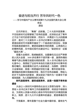 奋进与担当齐行 芳华共时代一色——青年干部学习共青团十九大精神心得体会