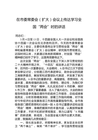 2023年传达学习“两会”精神会议的讲话（市）