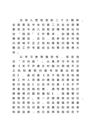 乡村振兴领域不正之风和腐败问题专项整治工作专题会议和警示教育大会心得体会发言